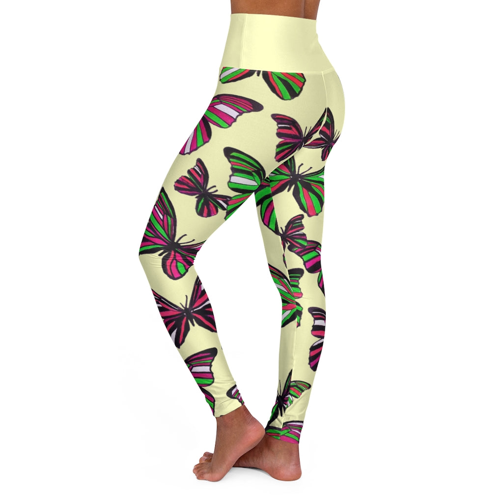 High Waisted Pale Yellow Butterfly Leggings
