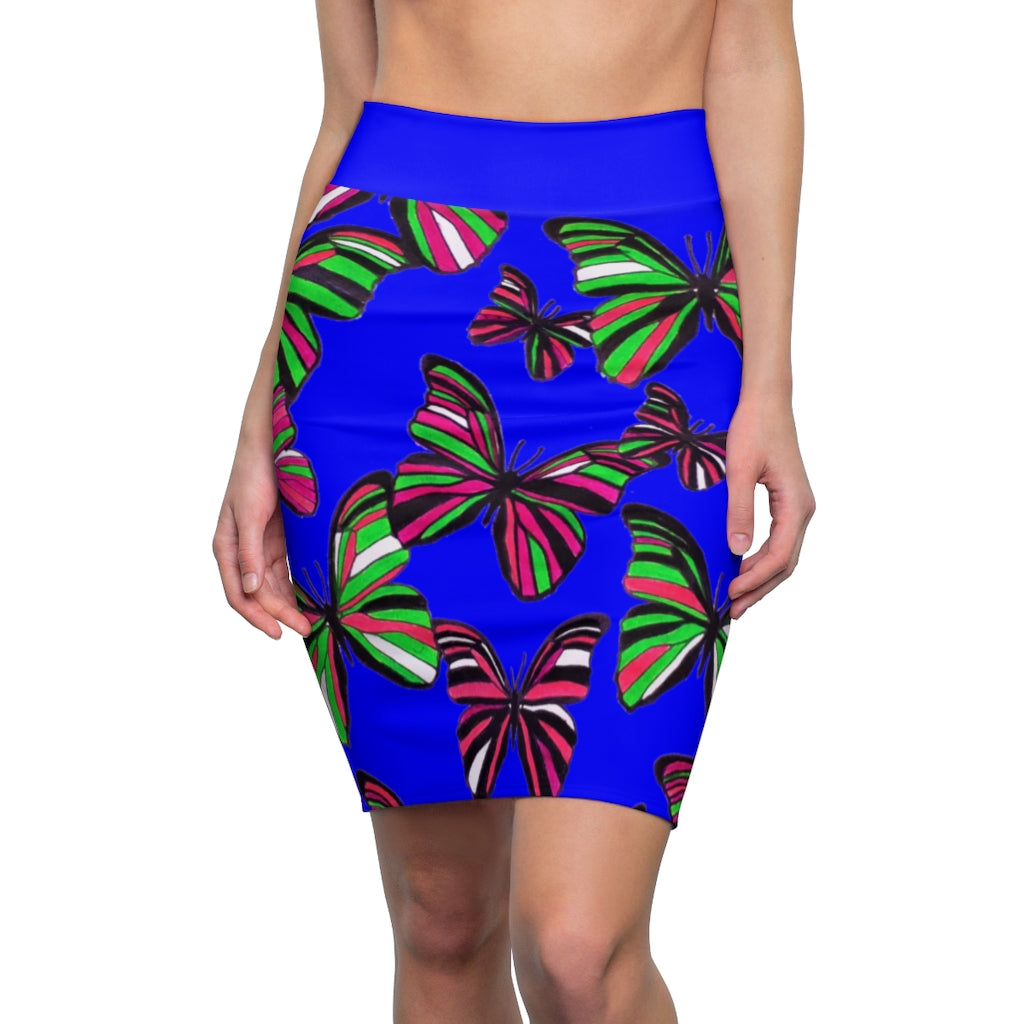 Electric Blue Butterflies Pencil Skirt