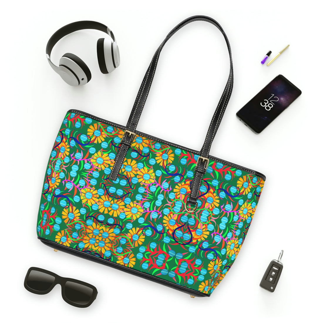 green sunflower print pu leather zipper tote bag