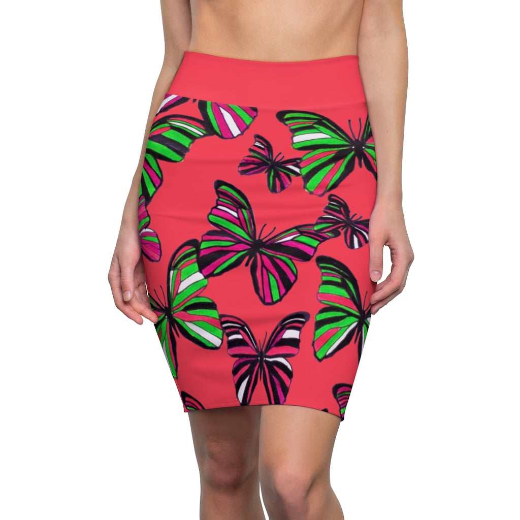 Coral Red Butterflies Pencil Skirt