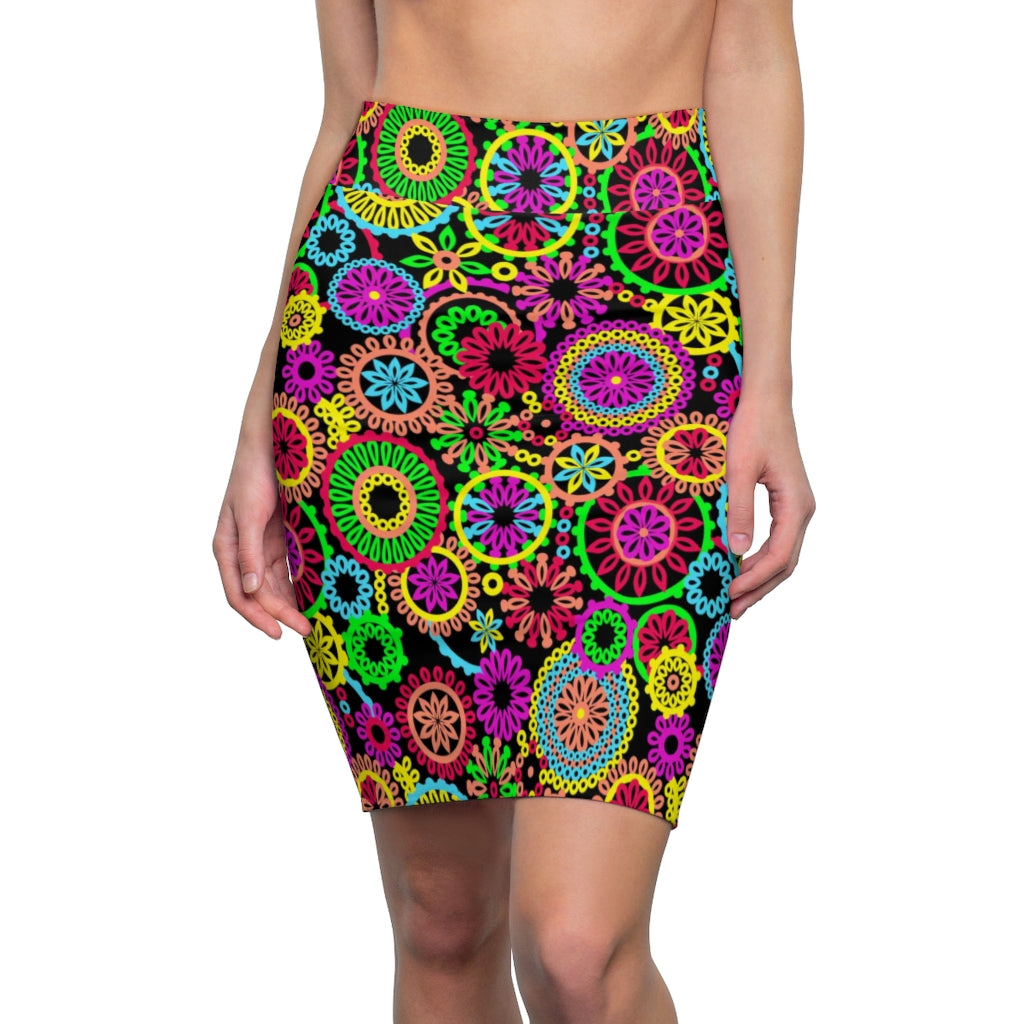 AOP 70's Black Pencil Skirt