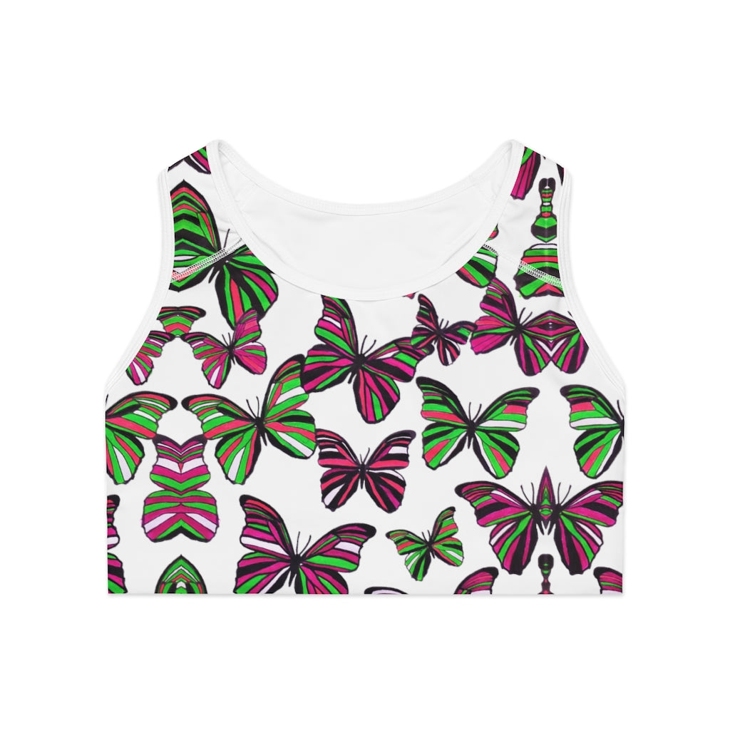 white butterfly print sports bra