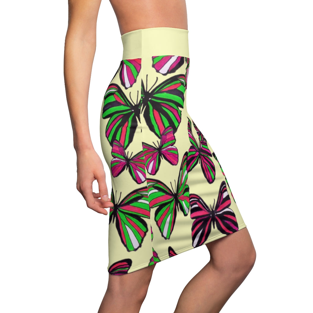 Cream Butterflies Pencil Skirt