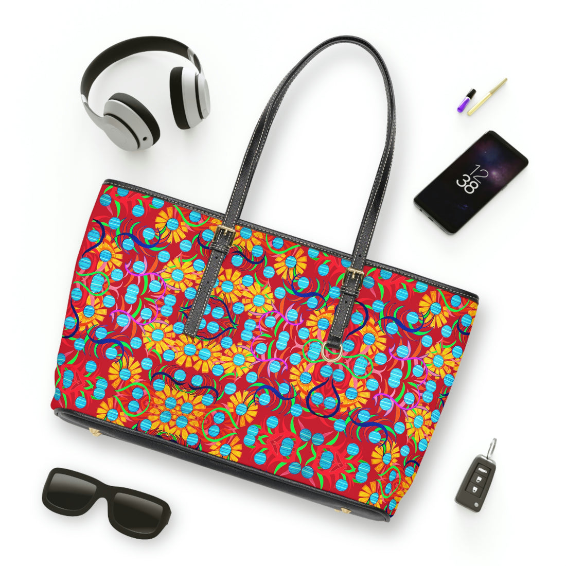 Deep Red Sunflower PU Leather Shoulder Bag