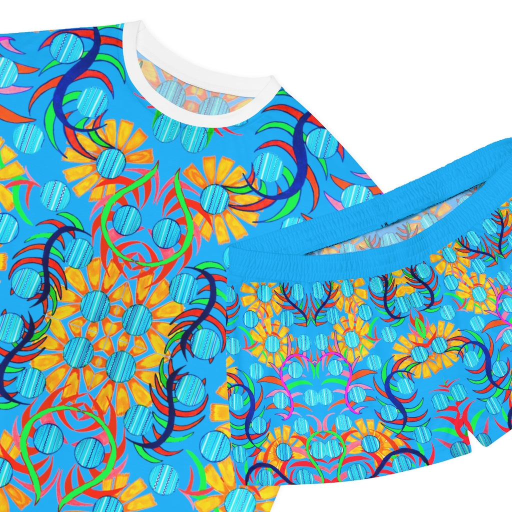 aqua sunflower pajama shorts & tshirt set for women