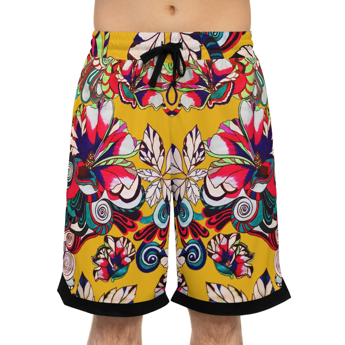 yellow graphic floral print basketball shorts for men