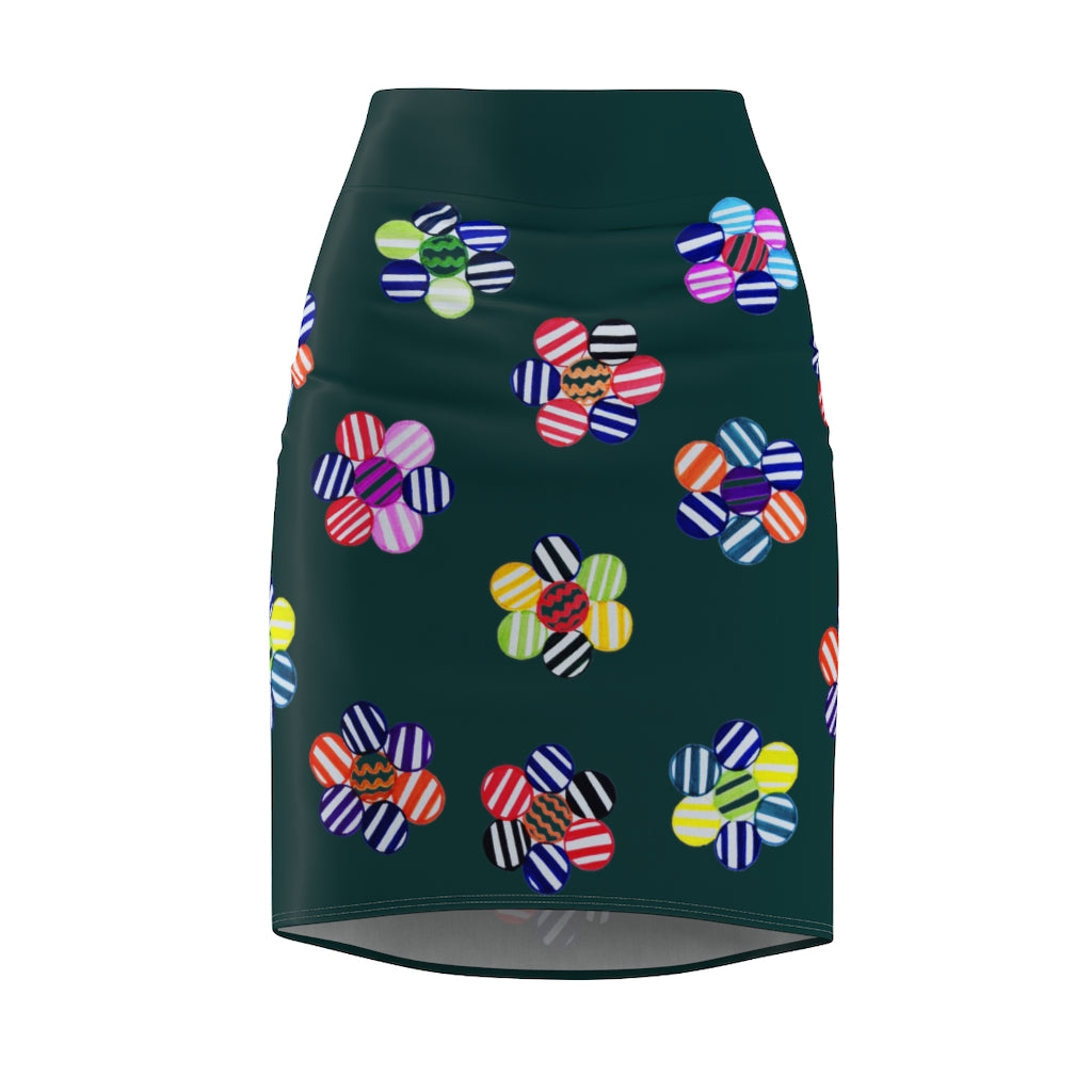 bottle green striped florals pencil skirt 
