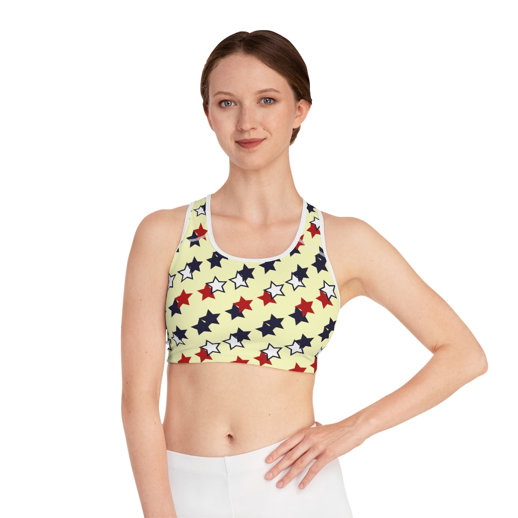 cream star print sports bra