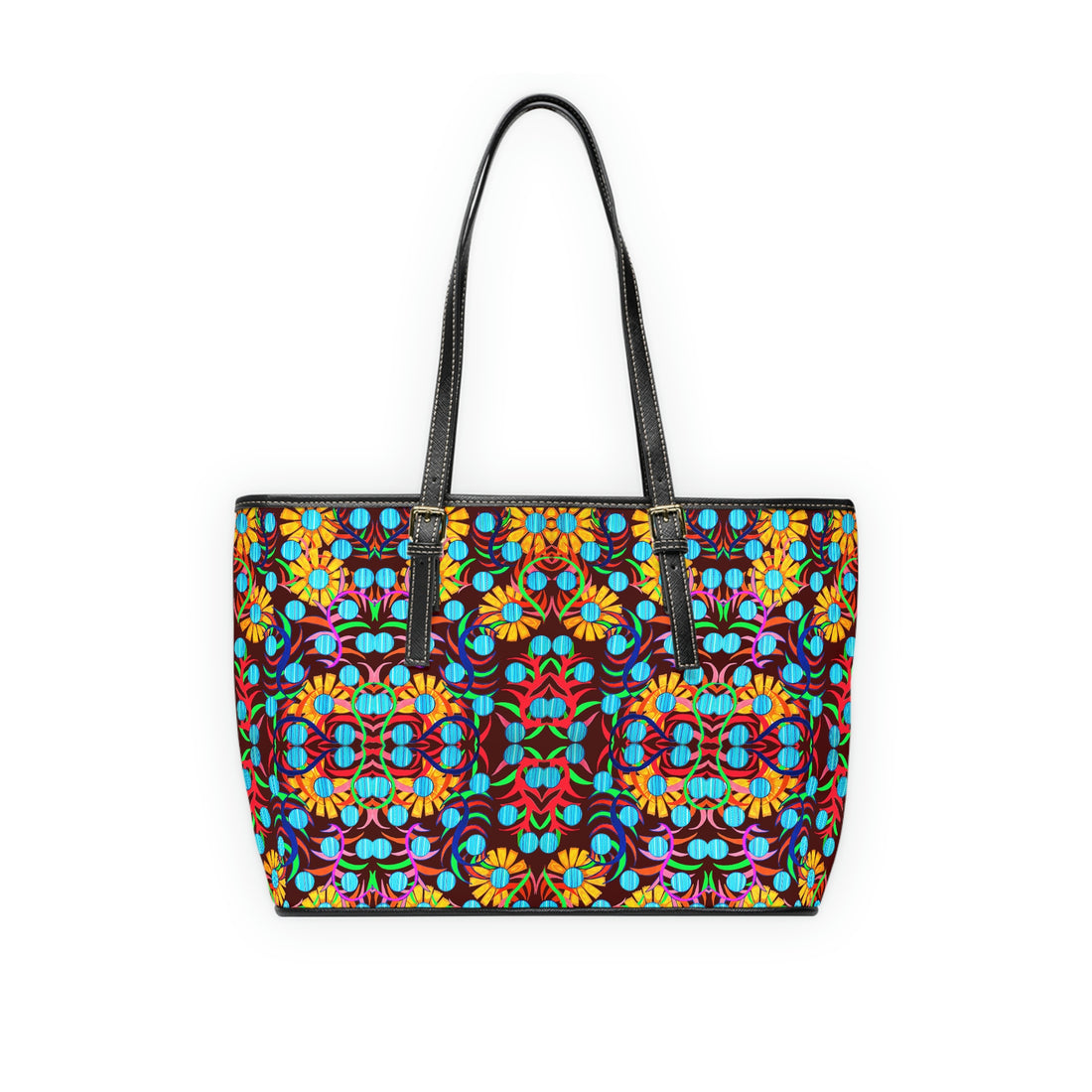 marsala pu leather sunflower print oversize tote bag