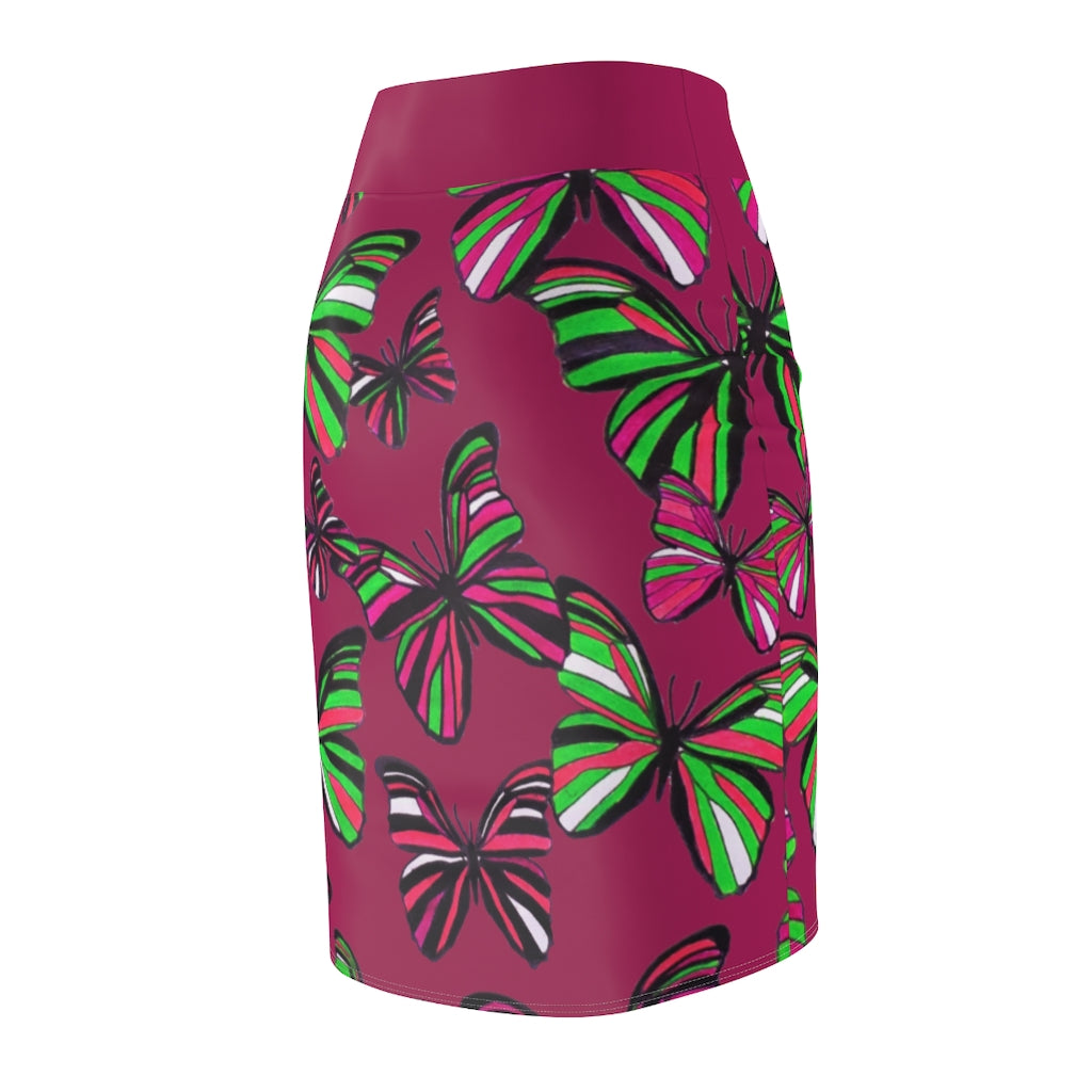 Dark Pink Butterflies Pencil Skirt