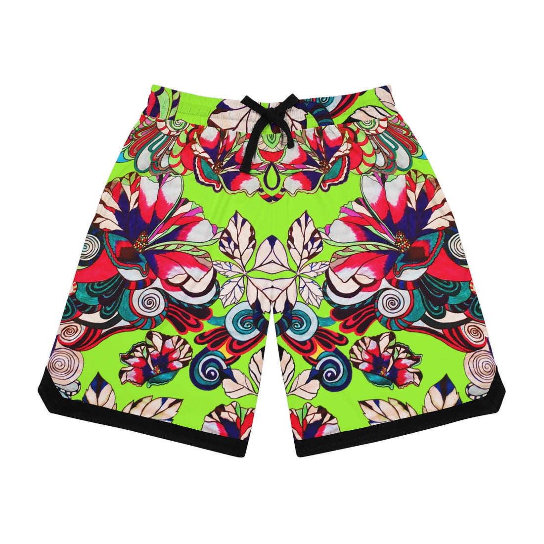 Lime Green Graphic Floral Basketball Rib Shorts (AOP)