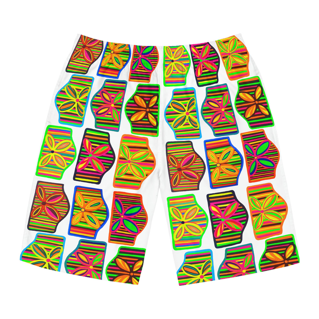 White Deco Print Men's Board Shorts (AOP)