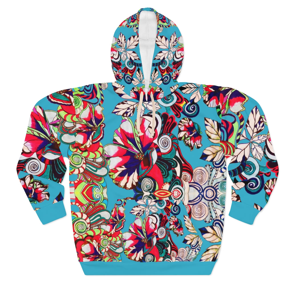 Unisex Artsy Floral Pop Pullover Aqua Hoodie