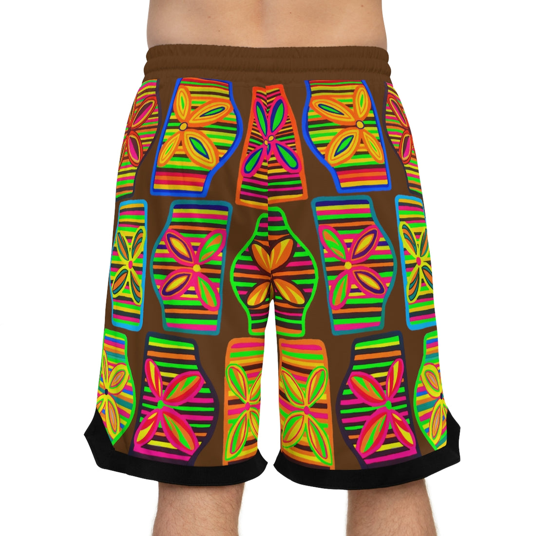 brown art deco print basketball shorts for men