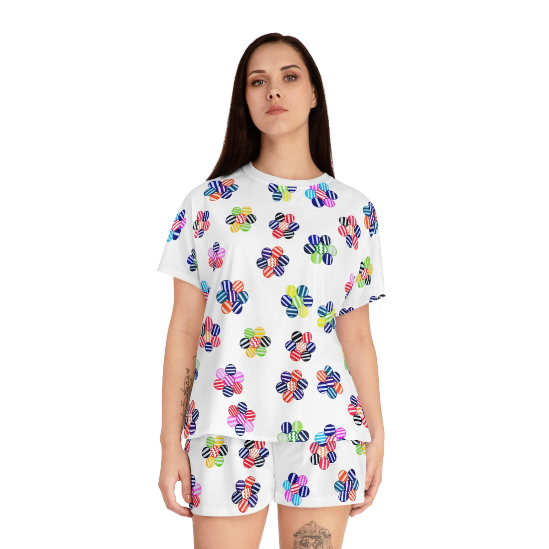 white geometric floral shorts & t-shirt pajama set