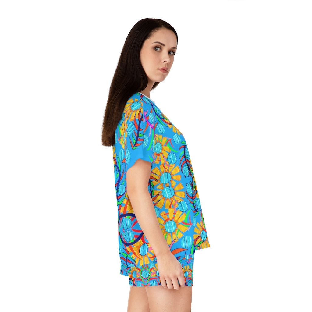 Aqua Sunflower Short Pajama Set (AOP)