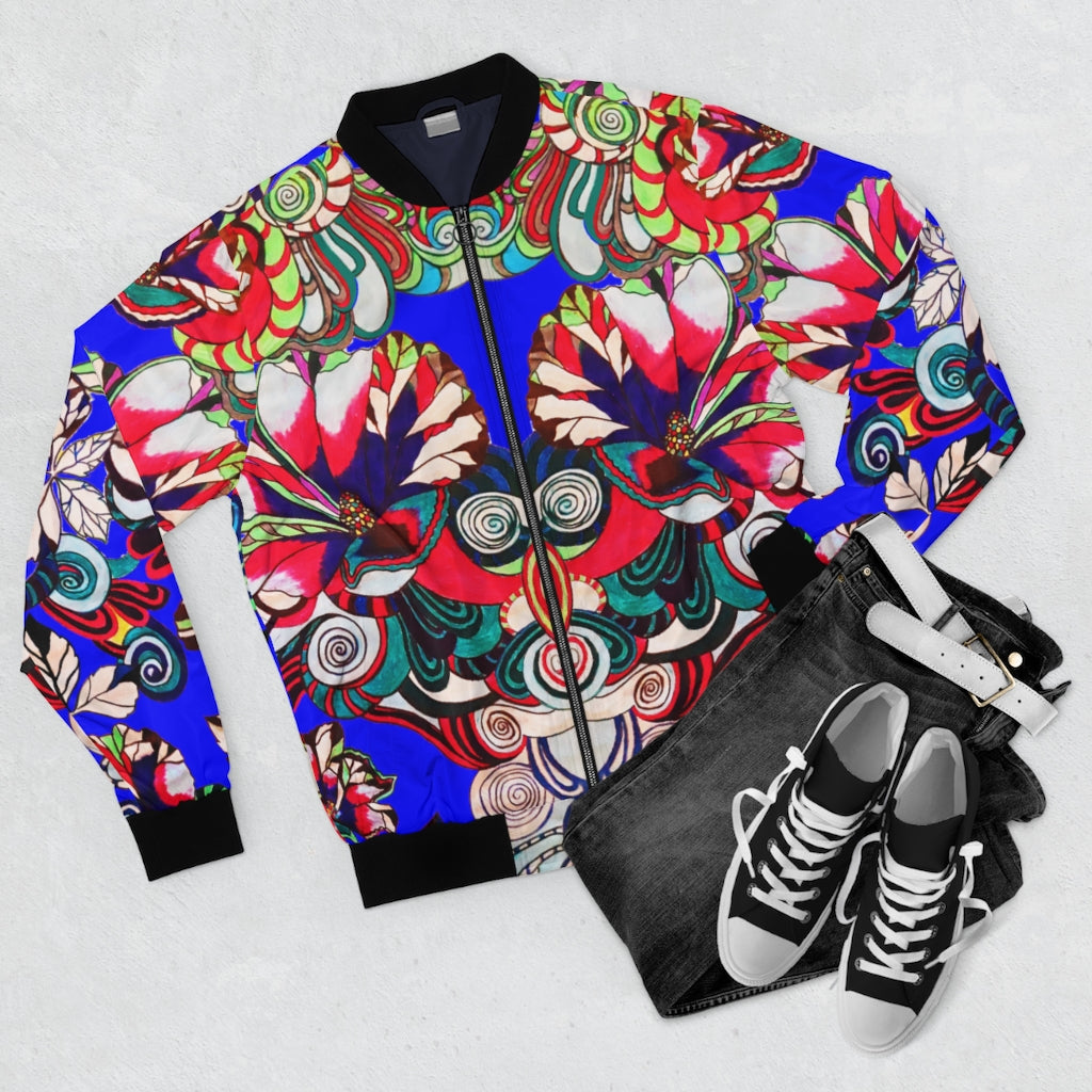 electric blue graphic floral men's bomber jacket