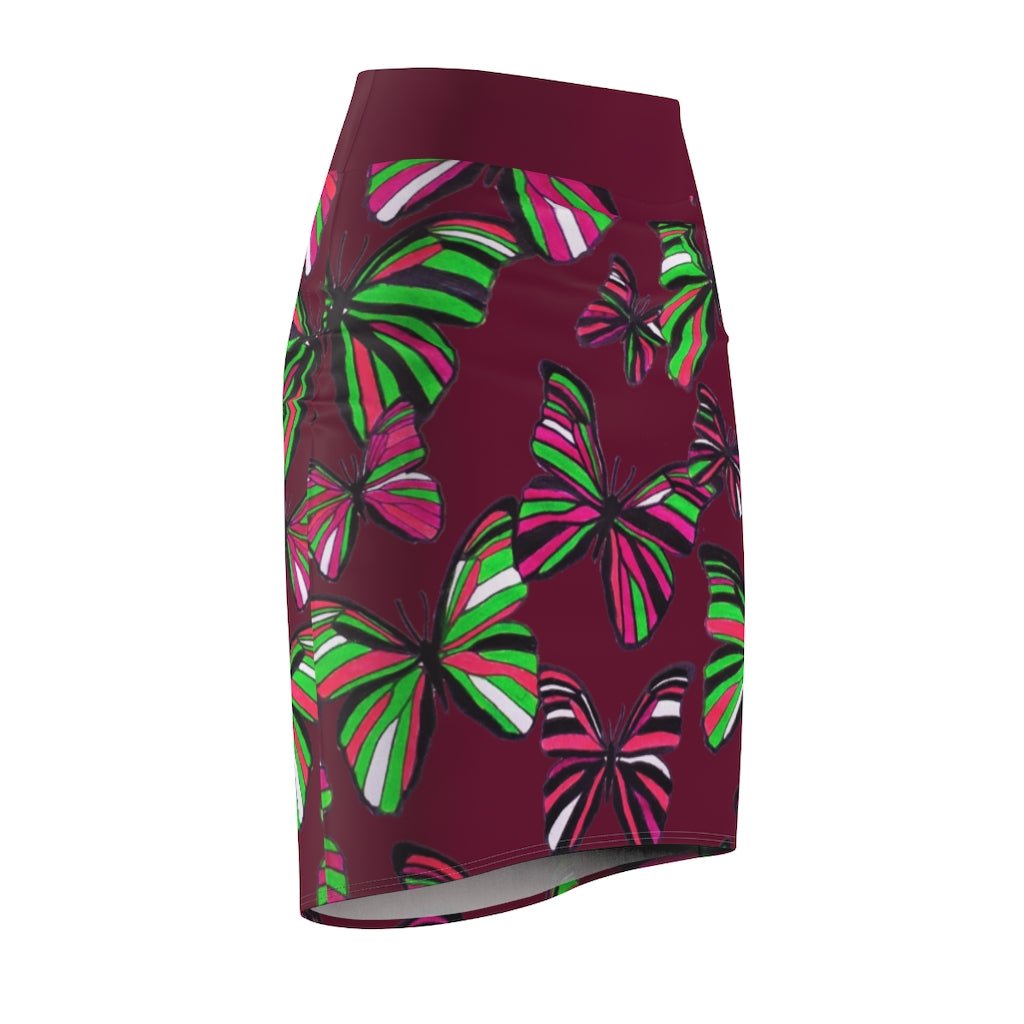 Marsala Butterflies Pencil Skirt