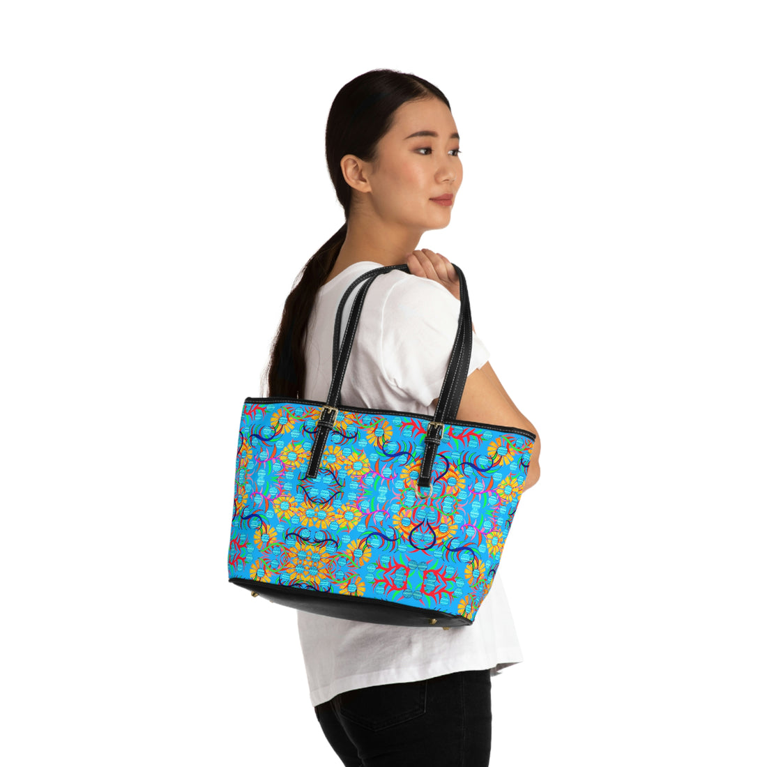 aqua pu leather sunflower print oversize tote bag