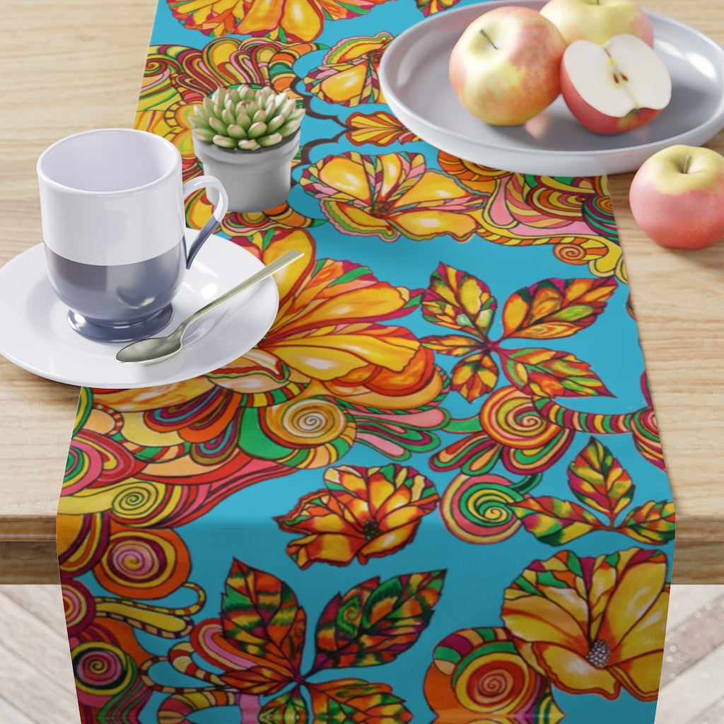 Artsy Floral Aqua Table Runner