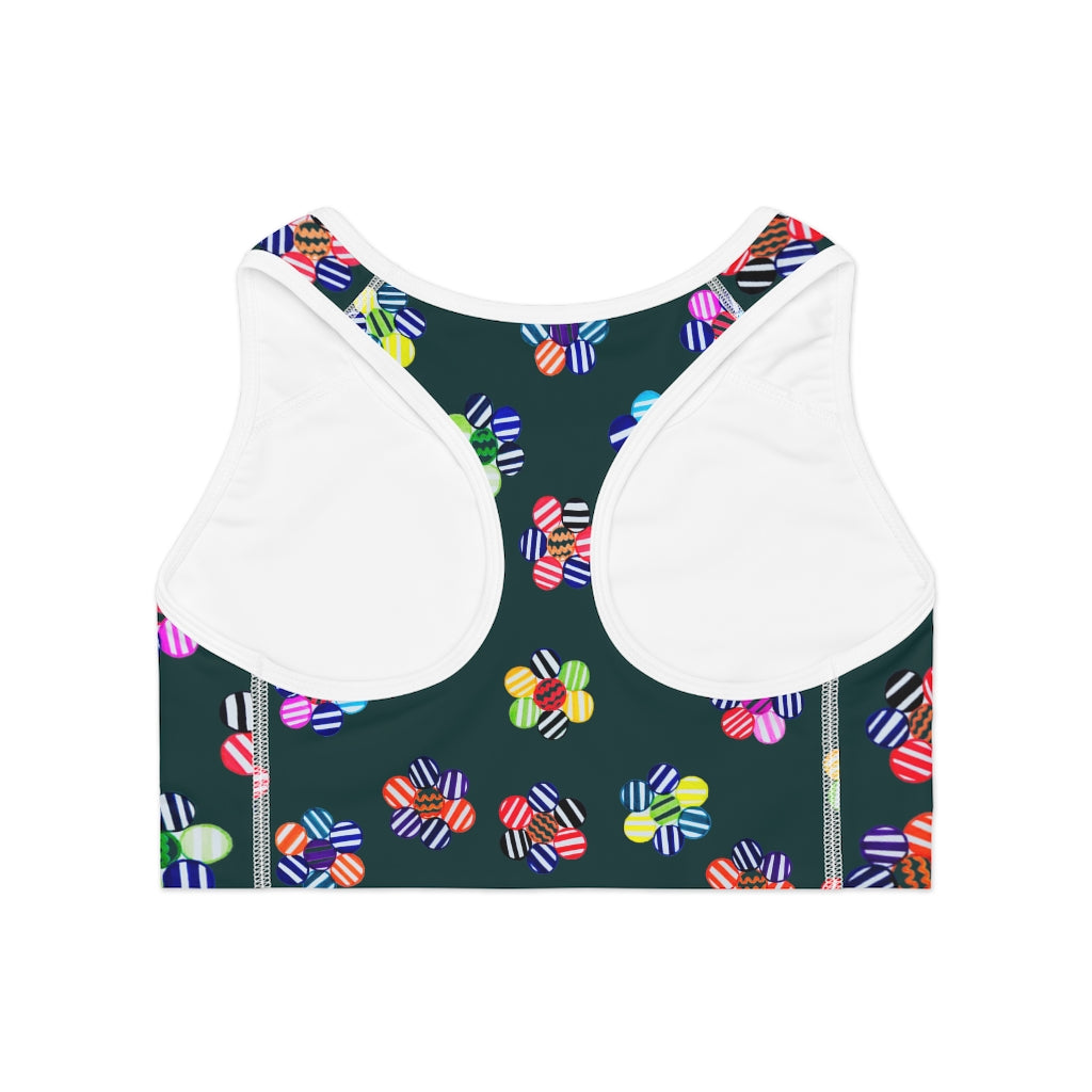 bottle green geometric flowers sports bra