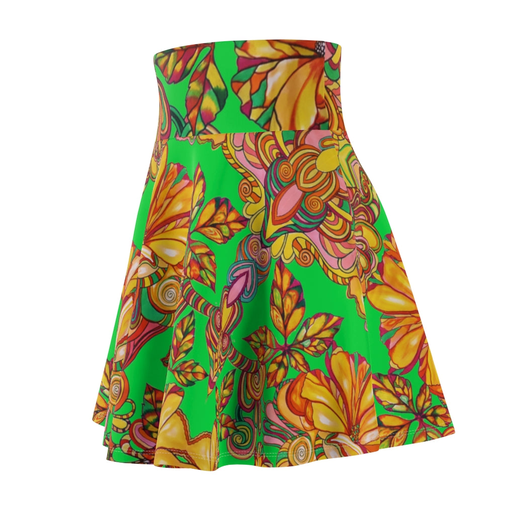 Artsy Floral Lawn Green Skater Skirt