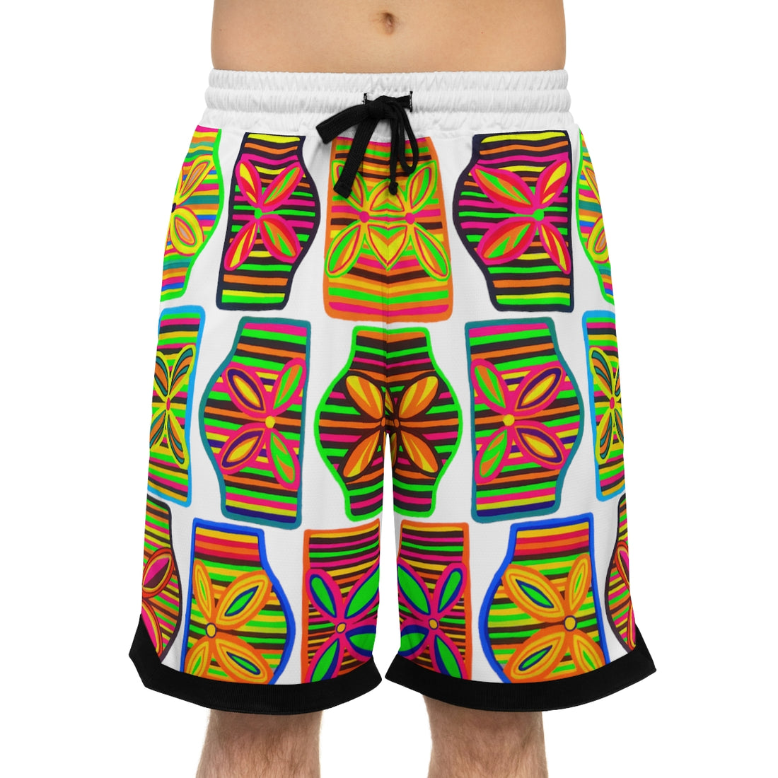 White Deco Print Basketball Rib Shorts (AOP)