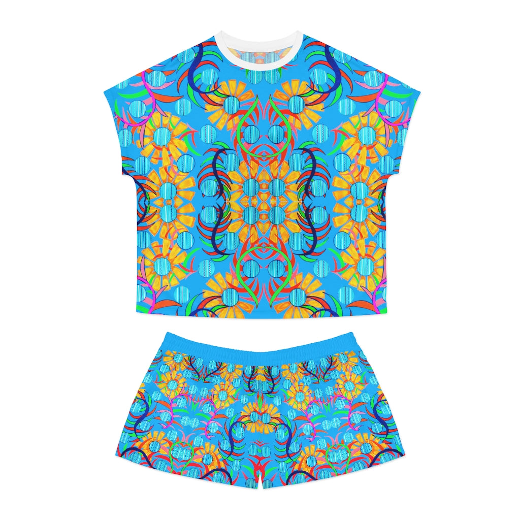 Aqua Sunflower Short Pajama Set (AOP)
