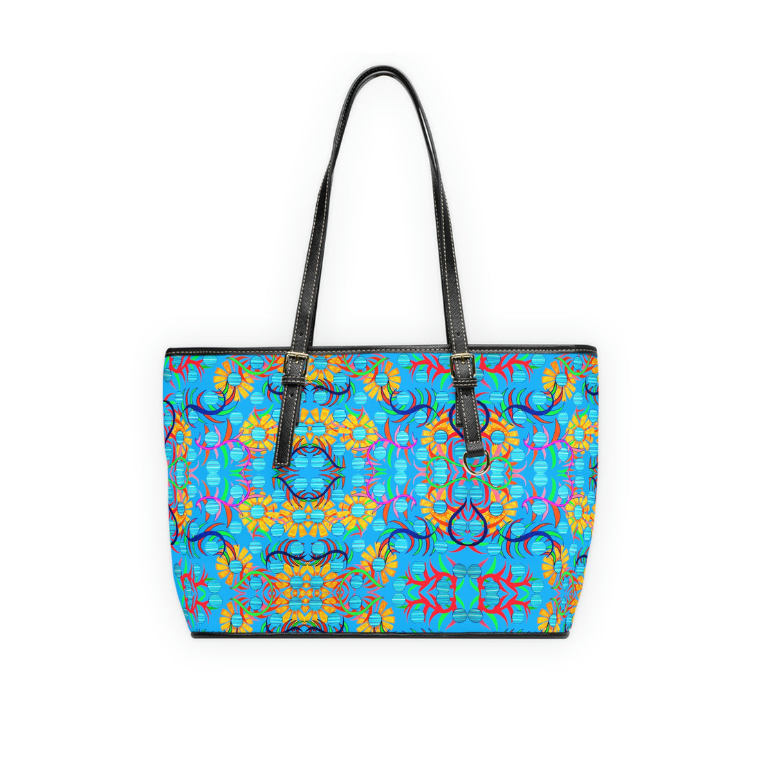 aqua pu leather sunflower print oversize tote bag