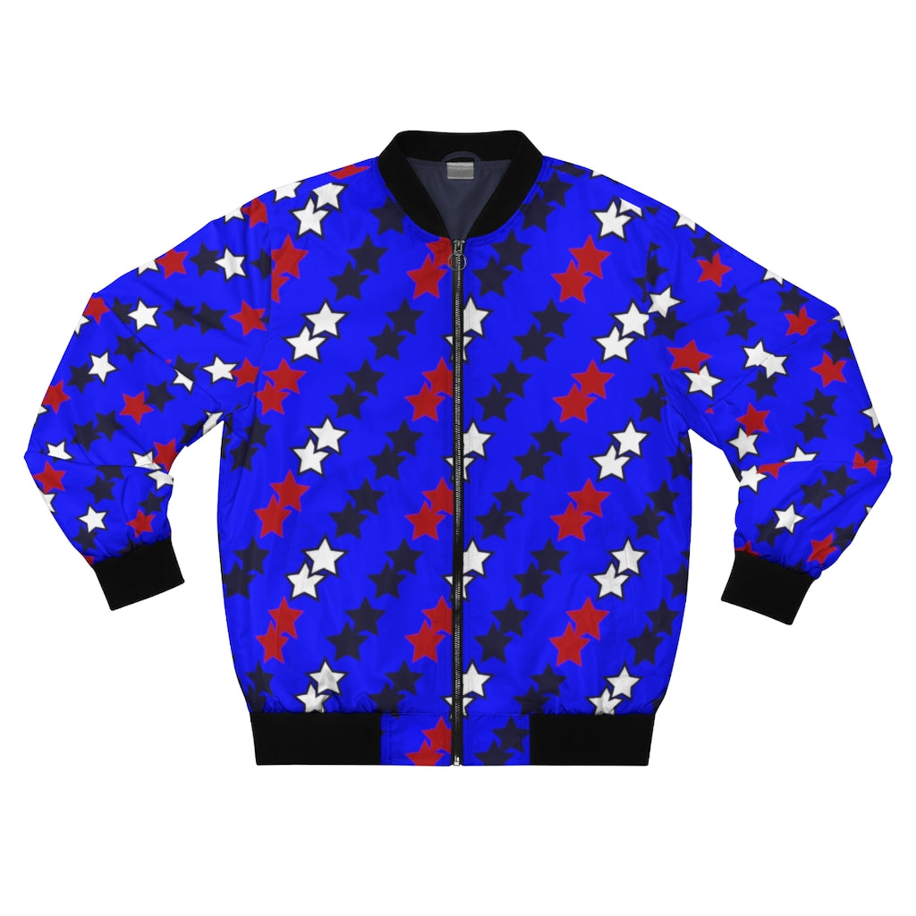 electric blue men's wear star print bomber jacket