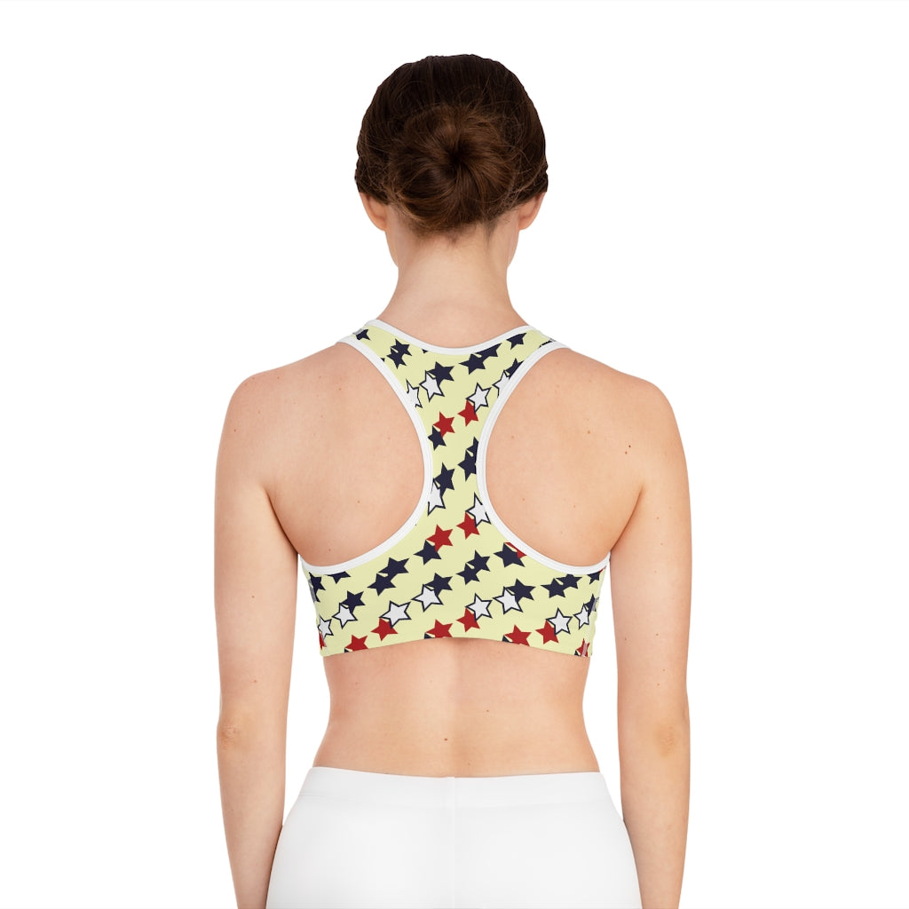 cream star print sports bra