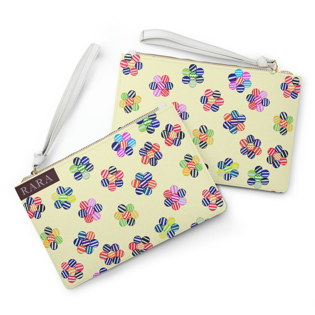 cream geometric striped floral clutch bag
