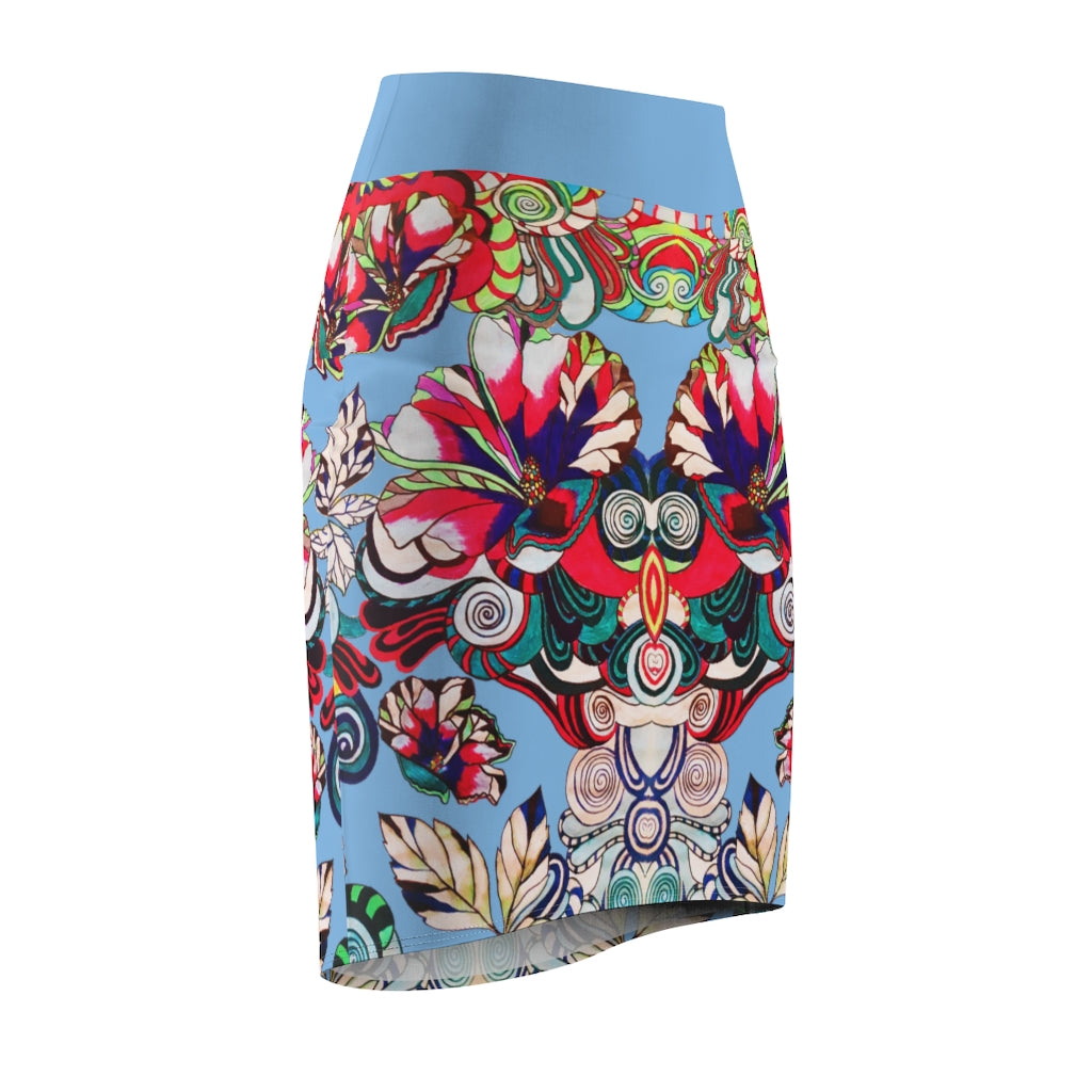 Floral Pop Blue Pencil Skirt