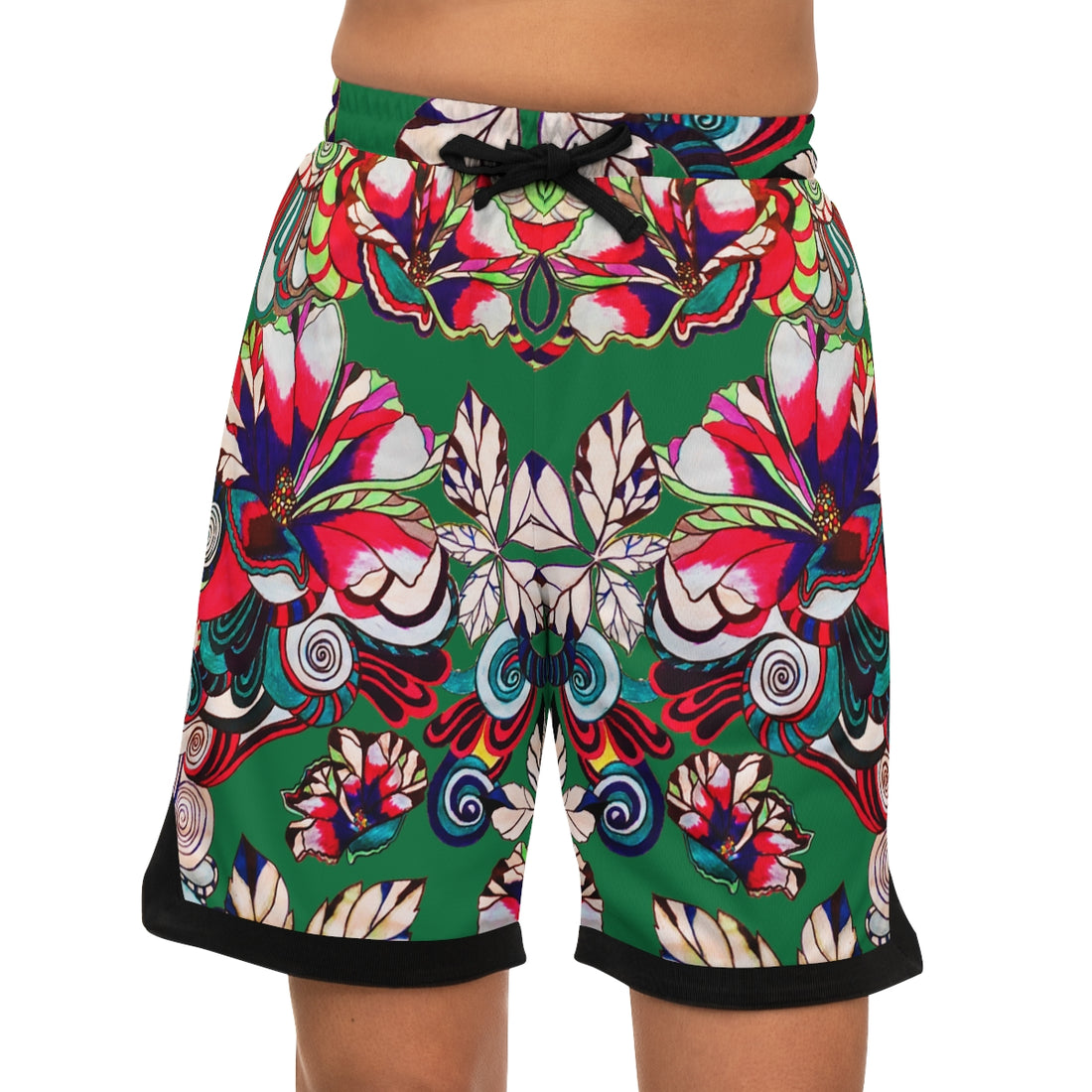 Green Graphic Floral Basketball Rib Shorts (AOP)