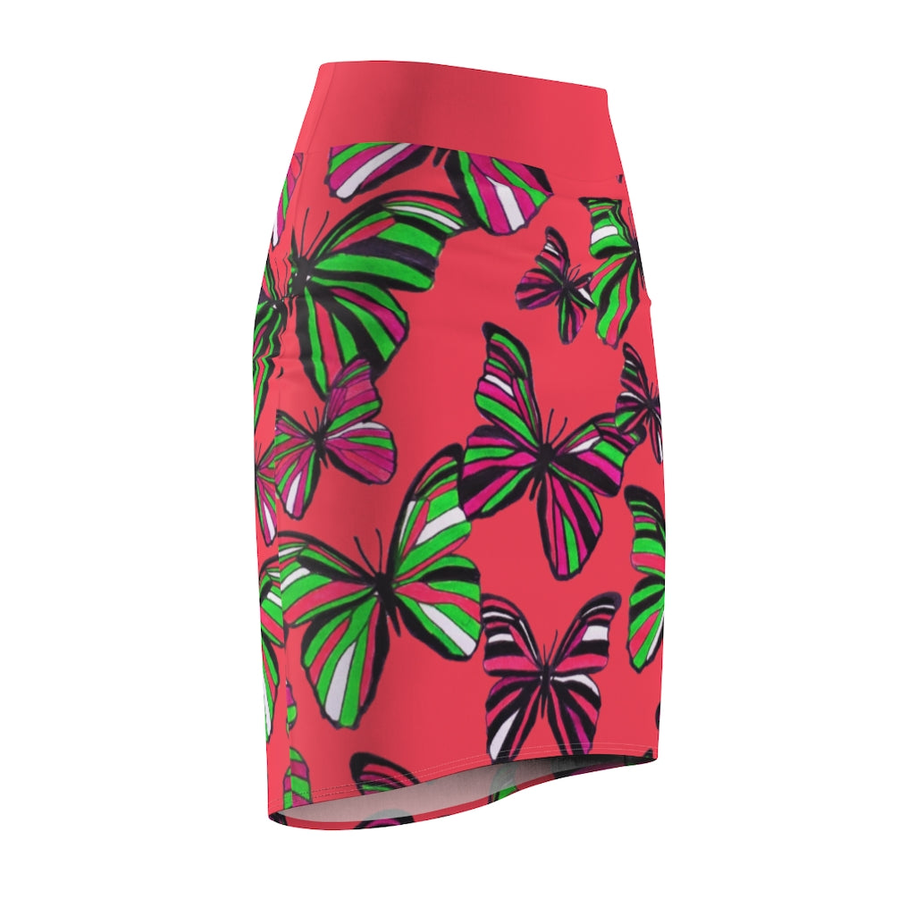Coral Red Butterflies Pencil Skirt