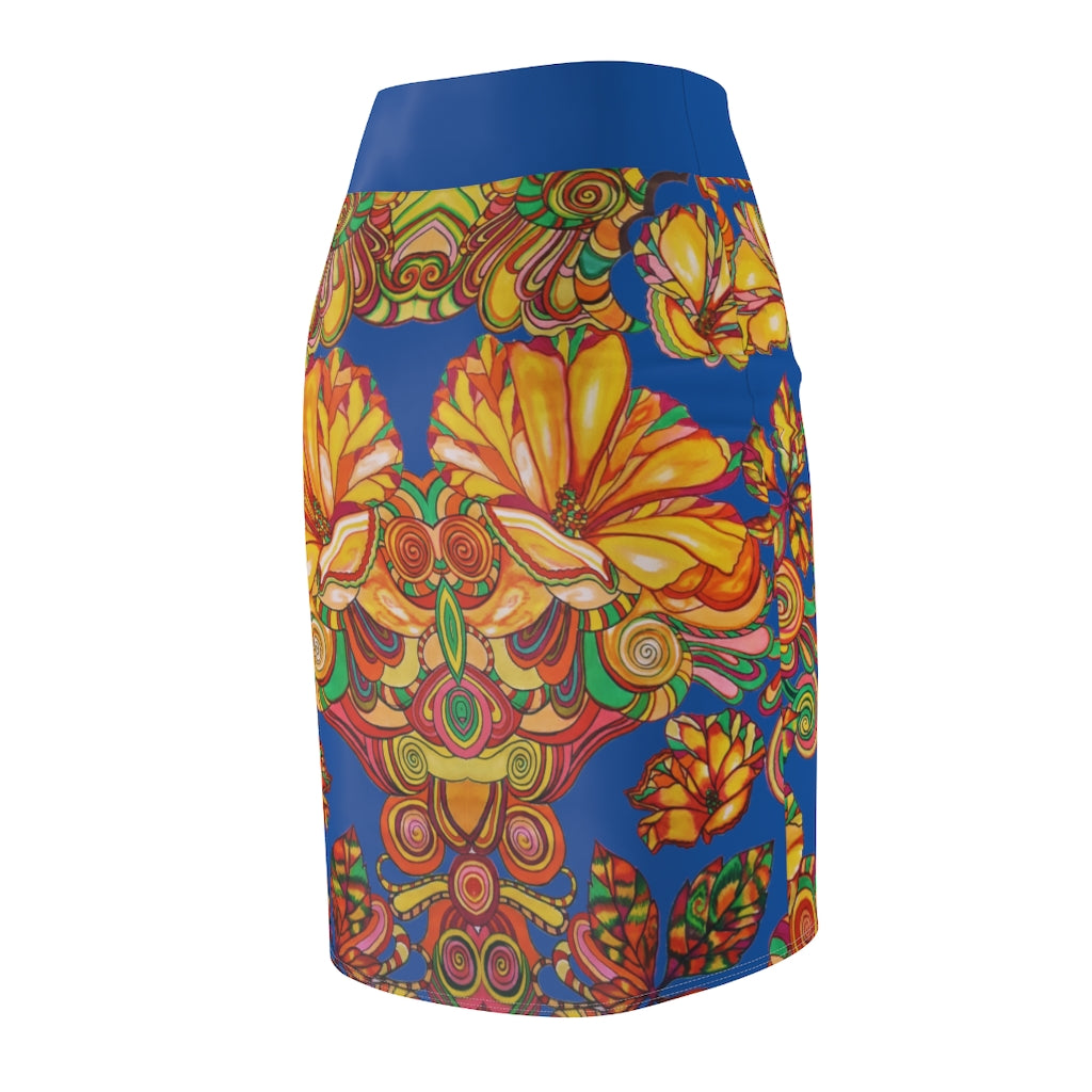 Artsy Floral Royal Blue Pencil Skirt