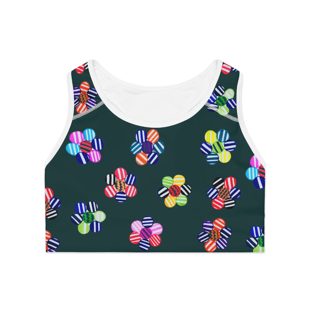 bottle green geometric flowers sports bra