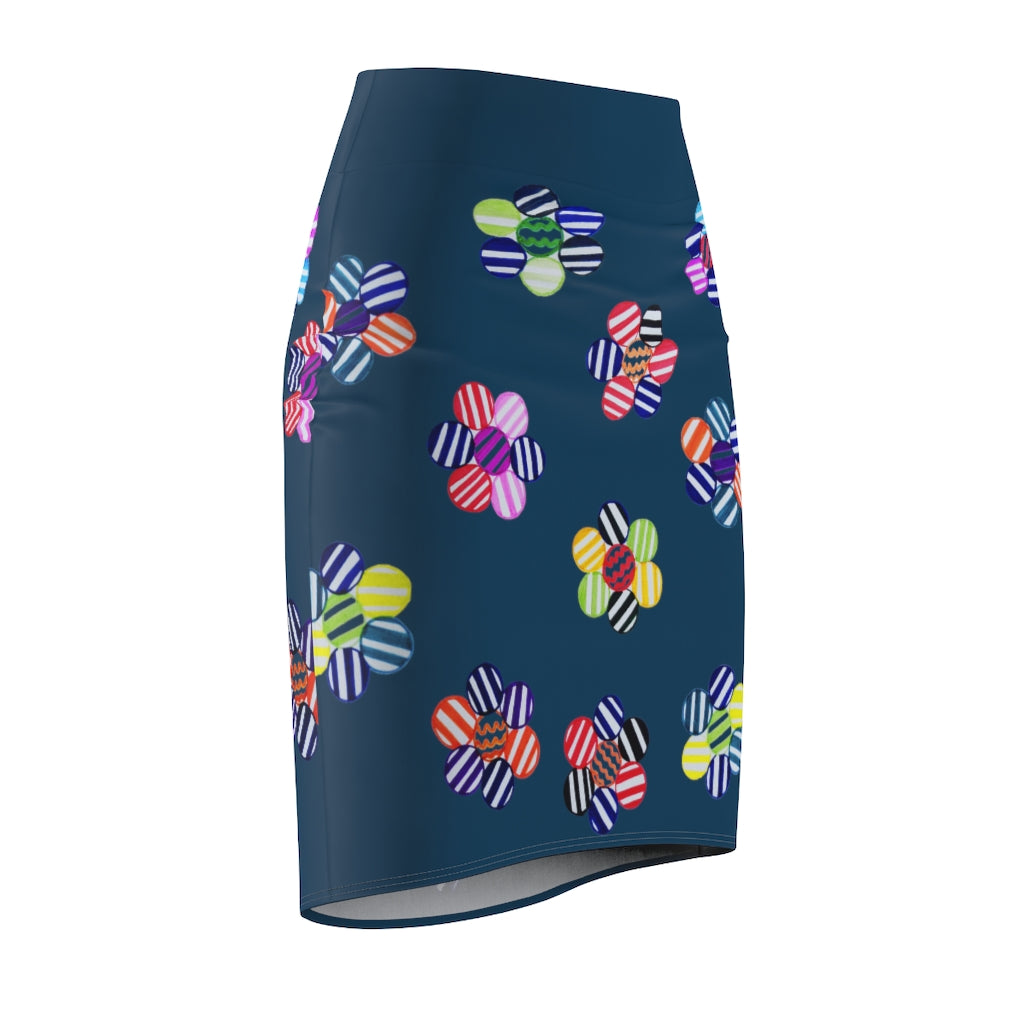 teal striped florals pencil skirt 