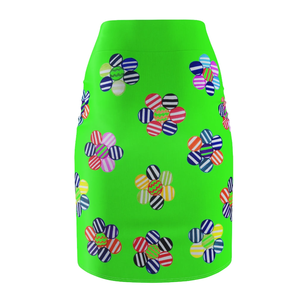 Neon Green Candy Florals Print Pencil Skirt