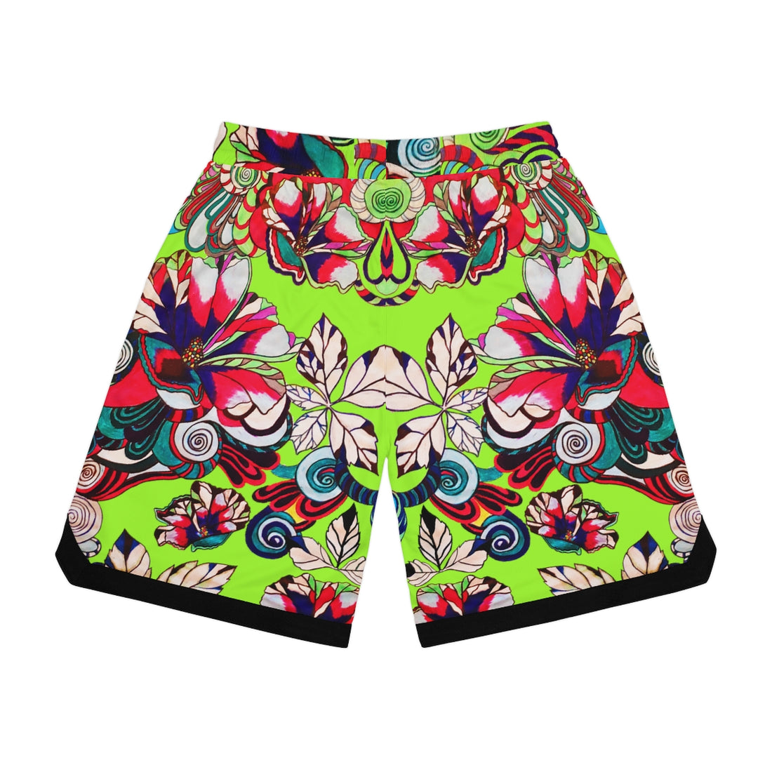 Lime Green Graphic Floral Basketball Rib Shorts (AOP)