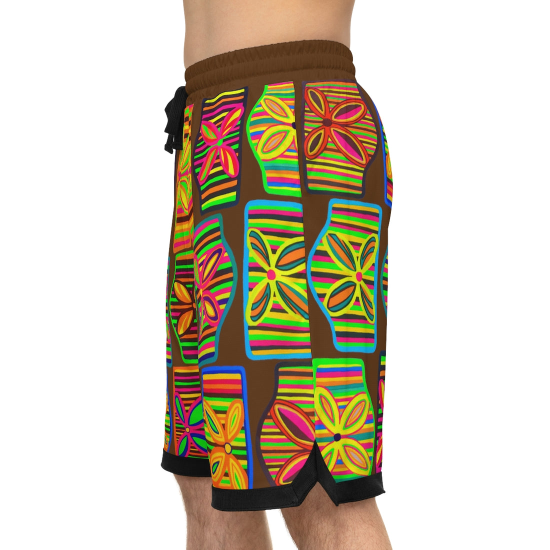 Brown Deco Print Basketball Rib Shorts (AOP)
