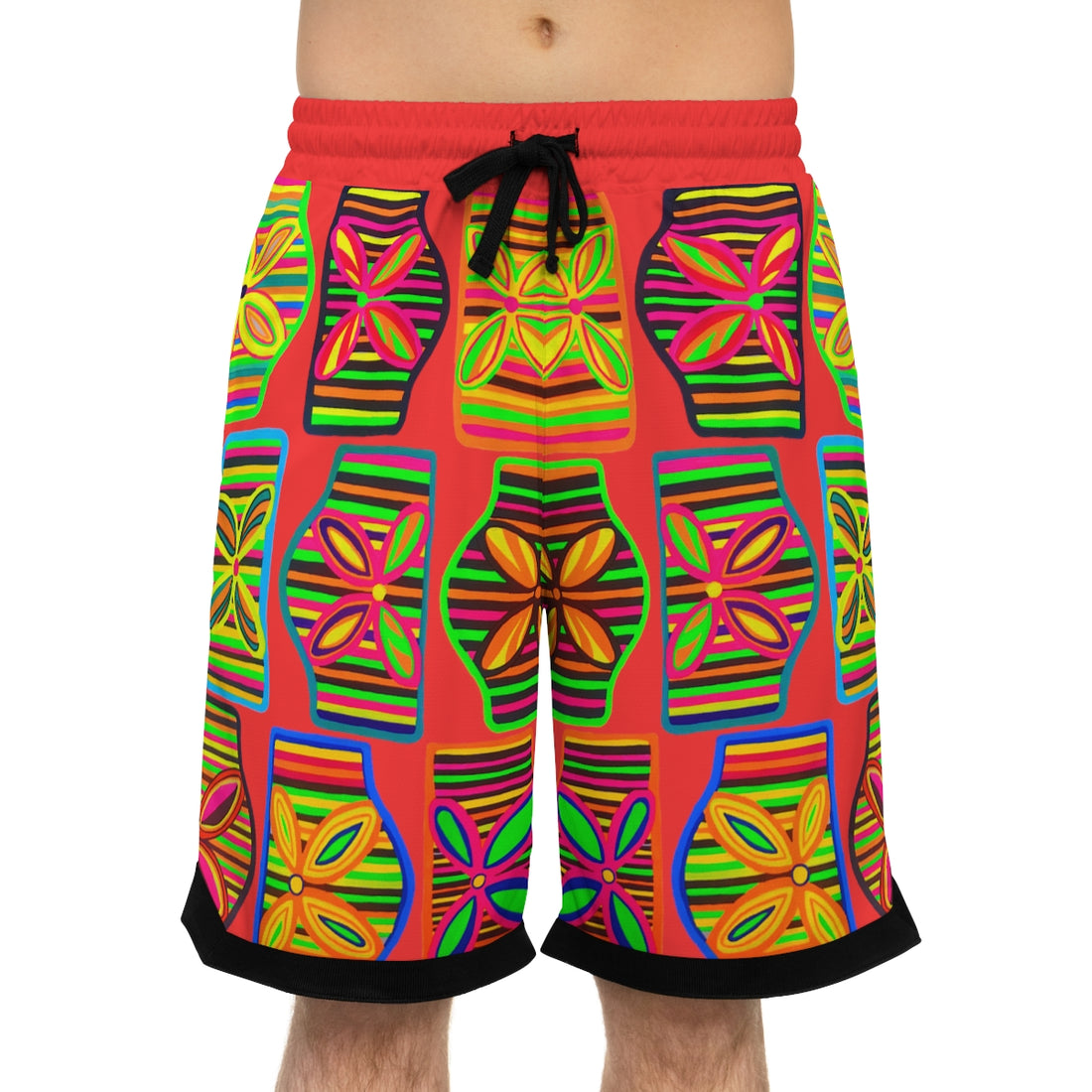 vermillion art deco print basketball shorts