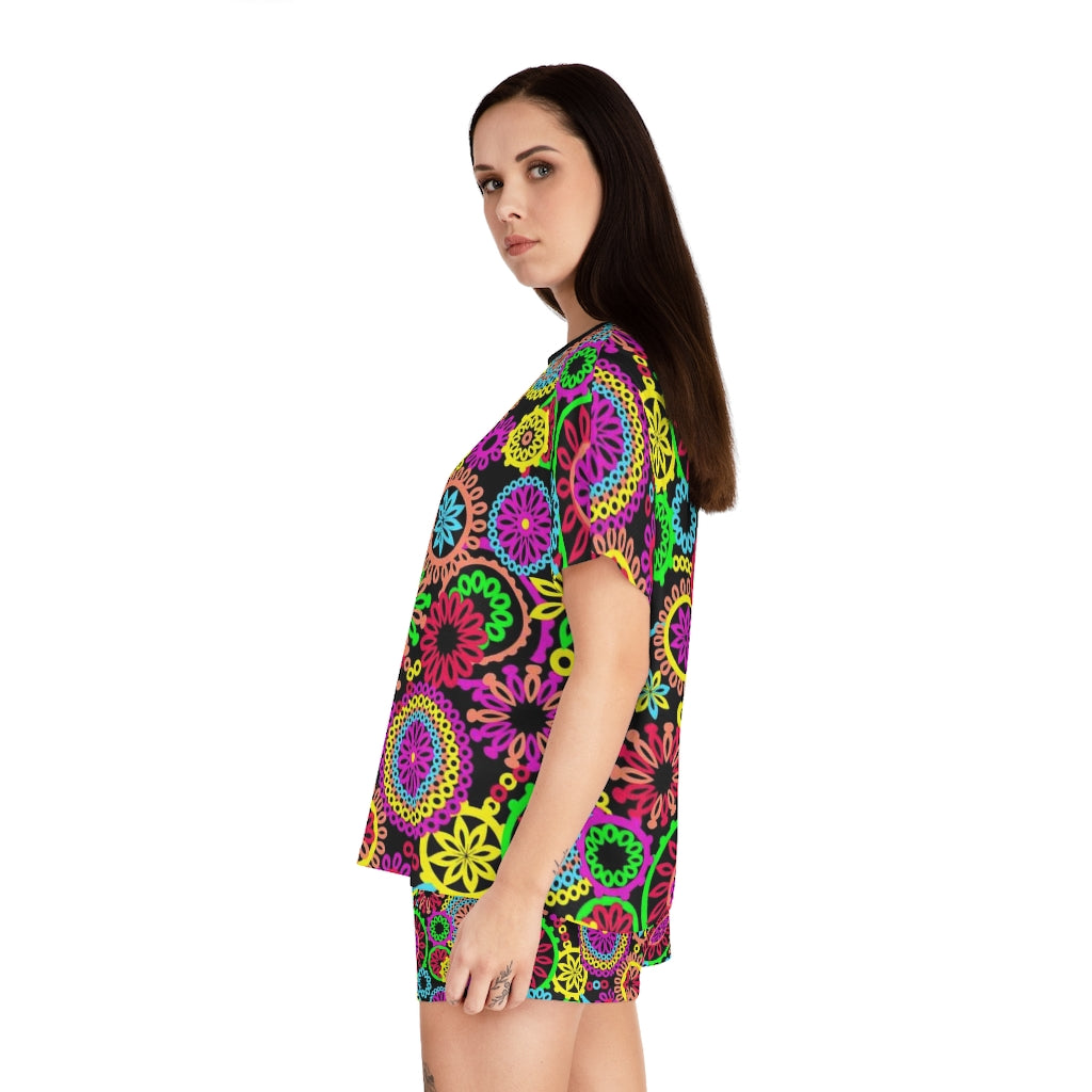 Black 70's Vibe Short Pajama Set (AOP)