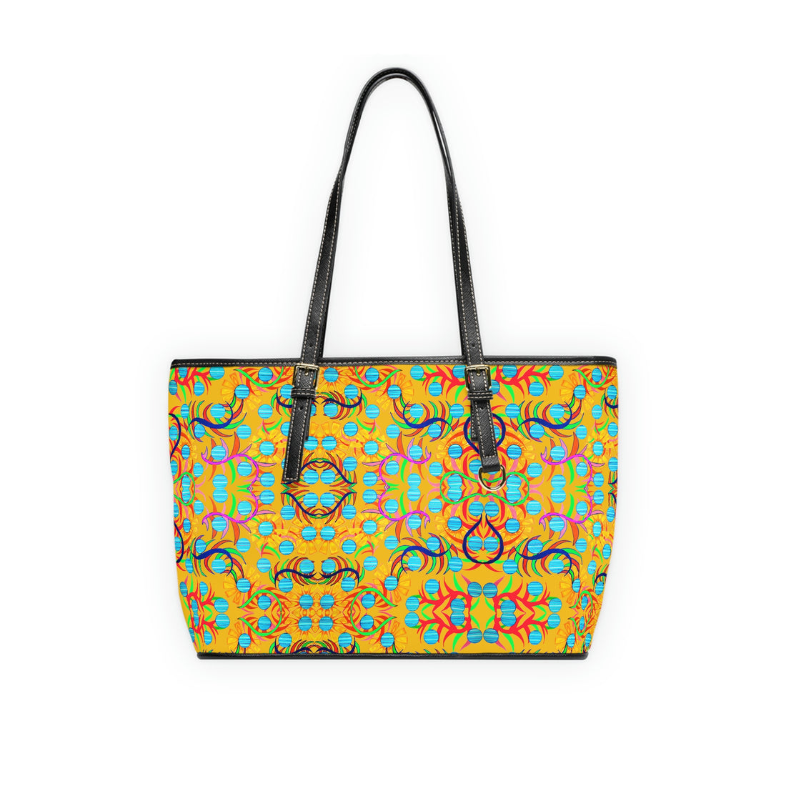 yellow sunflower print pu leather zipper tote bag