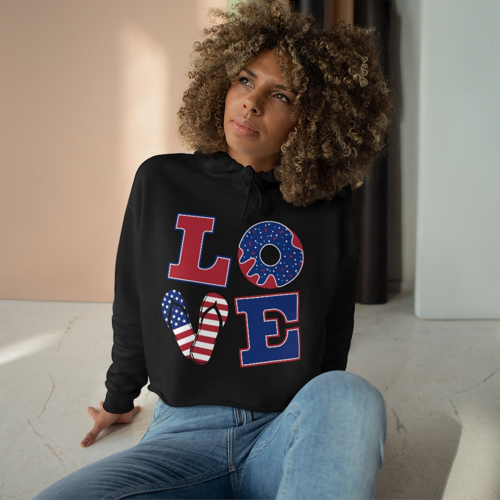 black crop hoodie printed love