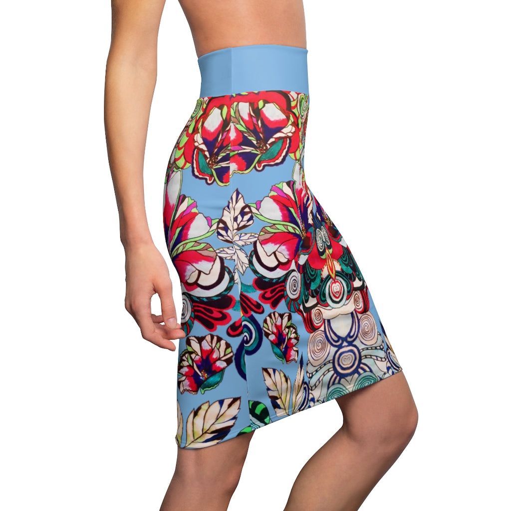 Floral Pop Blue Pencil Skirt