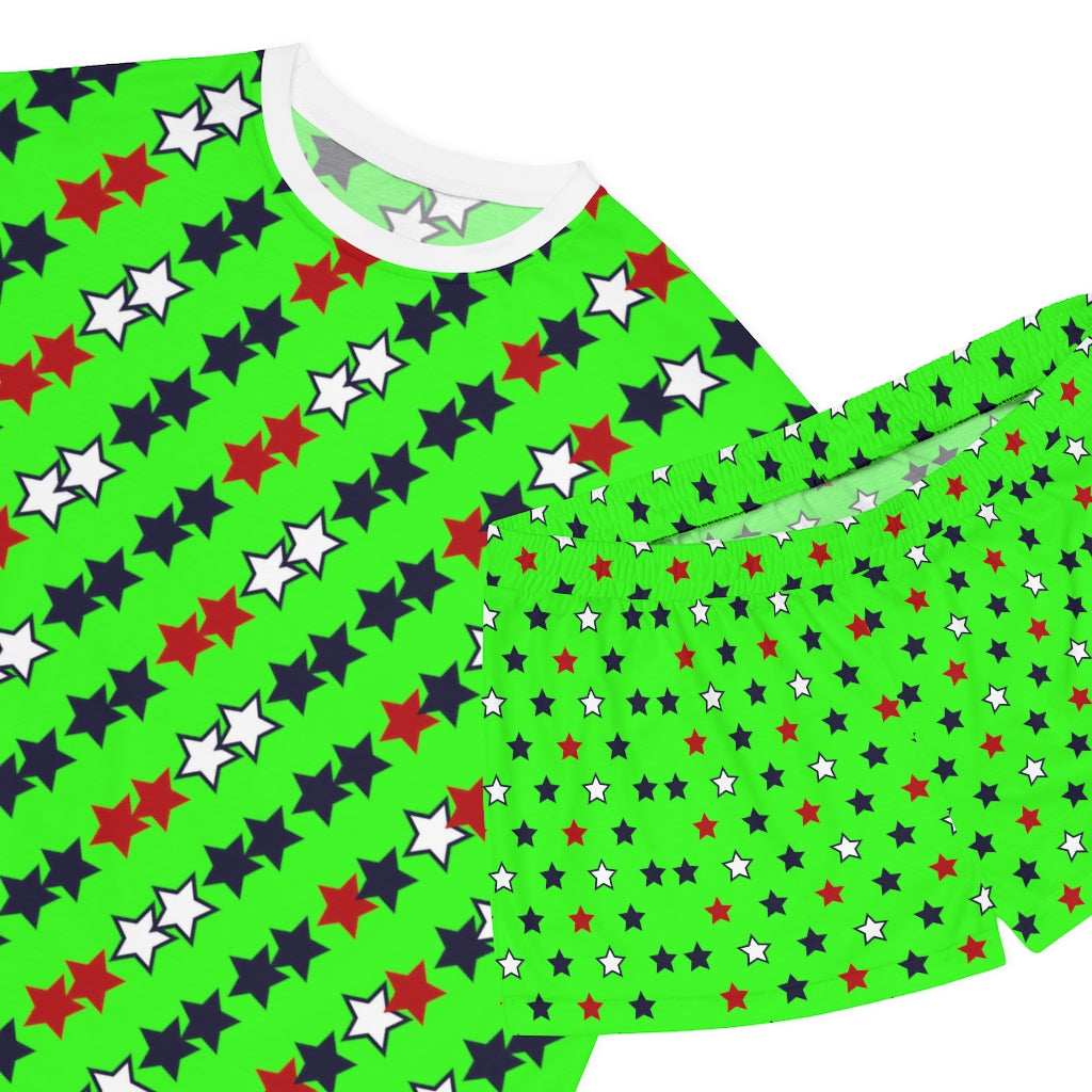 Neon Green Star Print Short Pajama Set (AOP)