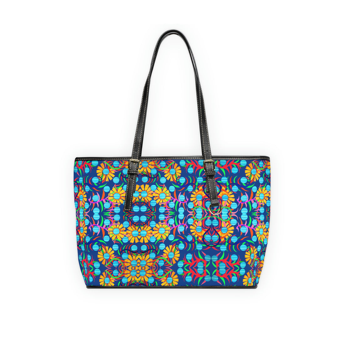 royal blue sunflower print pu leather zipper tote bag