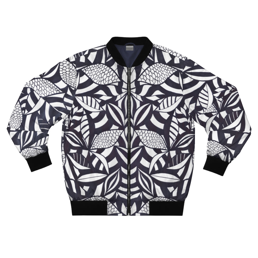 white tropical leaves print men's bomber jacket