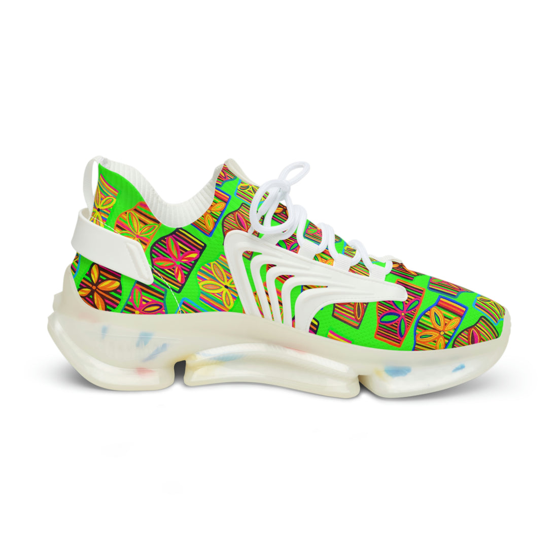 neon green men's art deco print mesh knit sneakers
